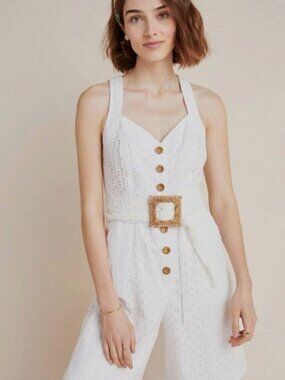 Anthropologie White Eyelet Button-Front Jumper with Matching Belt. Boho, Summer